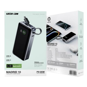 پاوربانک گرین لاین مدل Madrid 10 با کابل تایپ سی ظرفیت 10000 توان 35 وات