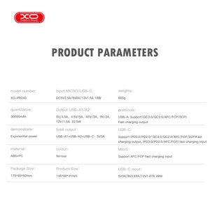 پاوربانک ایکس او مدل PR240 ظرفیت 30000 میلی آمپر توان 22.5 وات