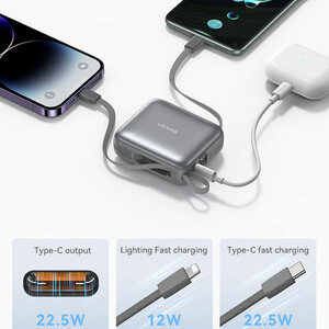 پاوربانک یوسمز مدل CD240 ظرفیت 10000 توان 20 وات با کابل متصل