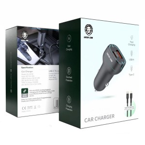 شارژر فندکی دو پورت PD+QC گرین لاین مدل GN38WPCTLCCBK توان 38 وات با کابل لایتنینگ