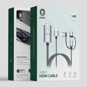 کابل 3 سر لایتنینگ، تایپ سی، میکرو به HDMI گرین لاین مدل GN3IN1HDMIBK طول 1.8 متر