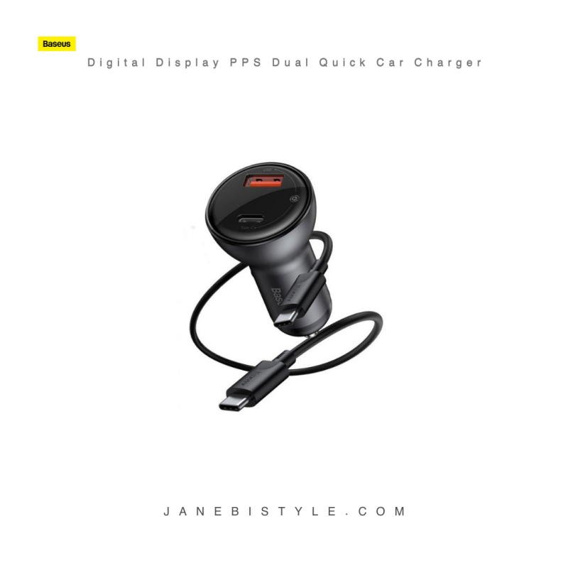 شارژر فندکی فست شارژ 45 وات دو پورت با کابل تایپ سی بیسوس Baseus Digital Display PPS Dual Quick Car Charger 45W Suit
