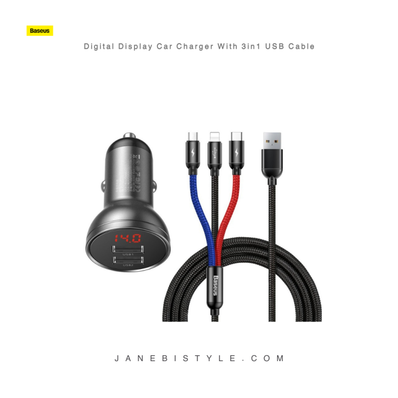 شارژر فندکی دو پورت و کابل سه سر بیسوس Baseus Digital Display Car Charger With 3in1 USB Cable TZCCBX-0G