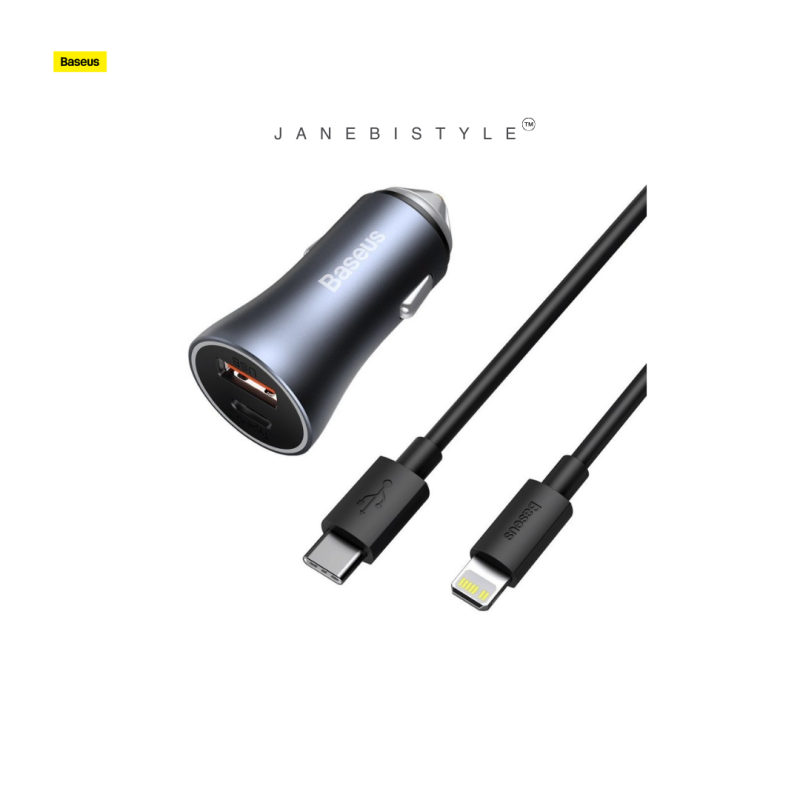 شارژر فندکی فست شارژ 40 وات همراه با کابل تایپ سی به لایتنینگ 20 وات بیسوس Baseus Golden Contactor Pro fast car charger Type C, USB 40w with Type C to Lightning cable TZCCJD-B0G
