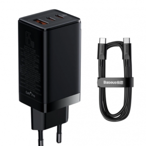 Baseus GaN3 Pro fast universal GaN charger 2 x USB Type C / USB 65W PD3.0, QC4.0+, AFC black + USB Type C - USB Type C cable 1m