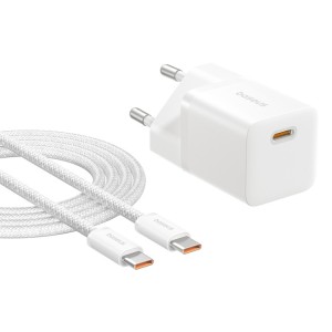 Baseus GaN5 25W mini USB-C / Type-C Gallium Nitride Fast Charger with 1m Type-C Cable, EU Plug(Moon White)