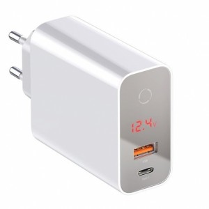 آداپتور فست شارژ 45 وات بیسوس Baseus BS-EU907 USB-C/USB-A LED Adapter Baseus BS-EU907 Speed PPS Intelligent Power-off & Digital Display Quick Charger PD3.0+QC3.0