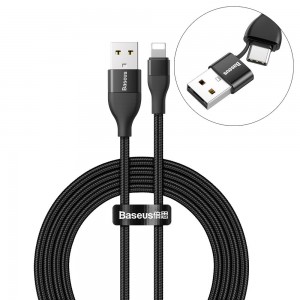 کابل شارژ و انتقال داده دوسر بیسوس Baseus 2in1 Dual Output Cable USB+Type-C to iP 18W Baseus 2in1 Dual Output Cable USB / USB Typ C PD 18W - Lightning 2A 1m CATLYW-G01