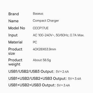 شارژر دیواری سه پورت یواس‌بی 17 وات بیسوس Baseus Compact Charger 3U 17W EU CCXJ020101
