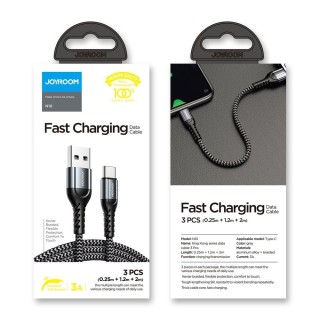 کابل شارژ سریع و انتقال داده تایپ سی 3 آمپر جویروم بسته 3 عددی (Joyroom N10 King Kong series set of 3 x nylon cable USB cord - Type C (0.25m + 1.2m + 2m