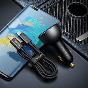 شارژر فندکی 140 وات همراه با کابل 240 وات بیسوس Baseus Digital Display fast car charger USB-A USB-C PD3.1 + Type C cable Baseus Superior Series 5A 240W CGZX070001