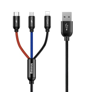 کابل سه سر رنگی 1.2 متر بیسوس Baseus Three Primary Colors 3in1 USB to micro USB  Lightning  Type C cable 3.5A 1.2M CAMLT-BSY01