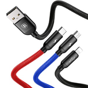 کابل سه سر رنگی 1.2 متر بیسوس Baseus Three Primary Colors 3in1 USB to micro USB / Lightning / Type C cable 3.5A 1.2M CAMLT-BSY01