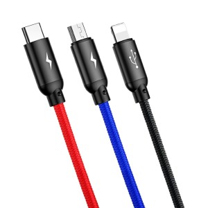 کابل سه سر رنگی 1.2 متر بیسوس Baseus Three Primary Colors 3in1 USB to micro USB / Lightning / Type C cable 3.5A 1.2M CAMLT-BSY01