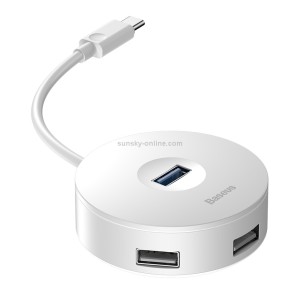 Baseus 4 in 1 USB-C / Type-C 3.0 to USB 3.0 x 1 + USB 2.0 x 3 HUB Small Round Box Smart Adapter(White)