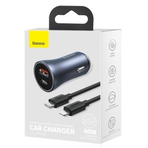 شارژر فندکی فست شارژ 40 وات همراه با کابل تایپ سی به لایتنینگ 20 وات بیسوس Baseus Golden Contactor Pro fast car charger Type C, USB 40w with Type C to Lightning cable TZCCJD-B0G