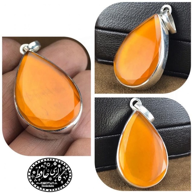 مدال عقیق پرتقالی معدنی/یمنی باقاب نقره همراه گنجینه پنج حرز شریف
