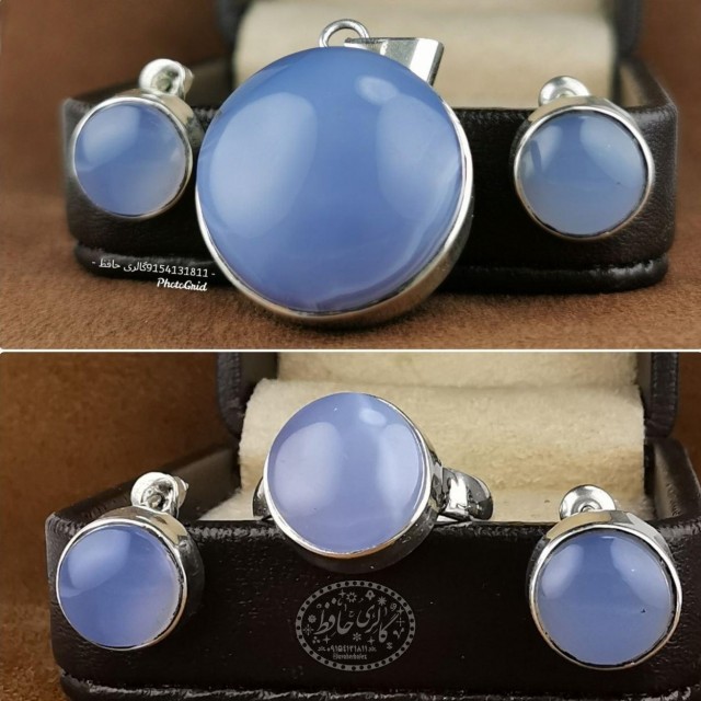 نیم ست مدال و گوشواره و انگشتر عقیق کبود خوشرنگ یمنی +گنجینه پنج حرز شریف