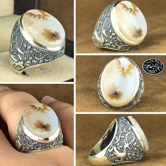 انگشتر شیک و خاص سنگ زیبای شجر طبیعی  نقش زیبای پرنده بالای نگین