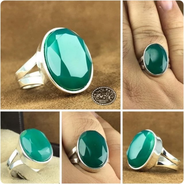 انگشتر عقیق سبز خراسانی رکاب نقره همراه گنجینه پنج حرز شریف