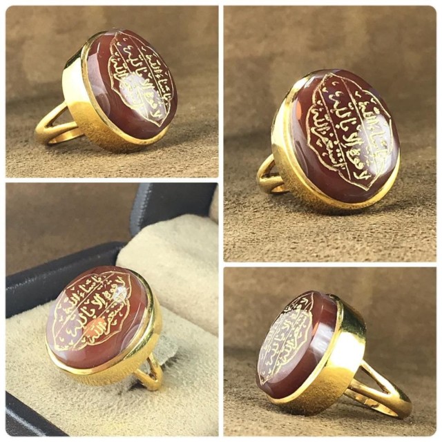 انگشتر عقیق یمنی/معدنی با حکاکی ماشالله لاقوه الابالله استغفرالله همراه حرز صغیر و کبیر امام جواد(ع)