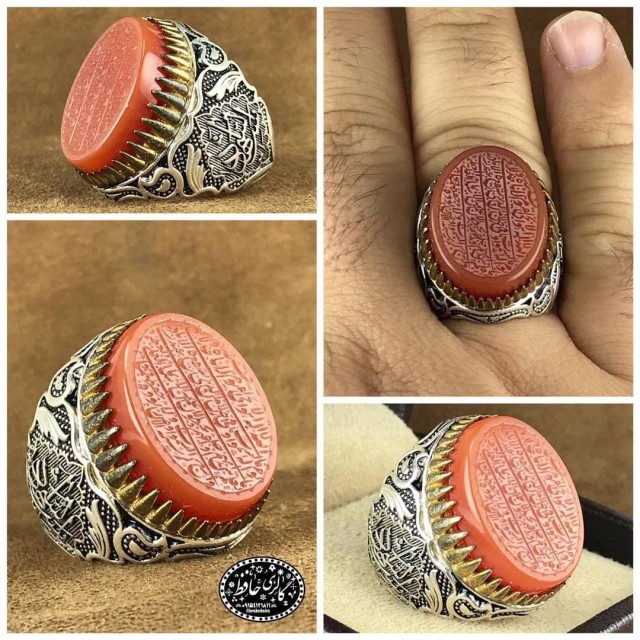 انگشتر عقیق یمنی رکاب طرح یاسید الشهدا نقره تاج برنجی همراه گنجینه پنج حرز شریف