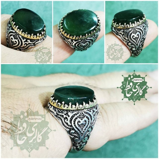 انگشتر یشم یمنی/هندی رکاب نقره تاج برنجی همراه گنجینه پنج حرز شریف