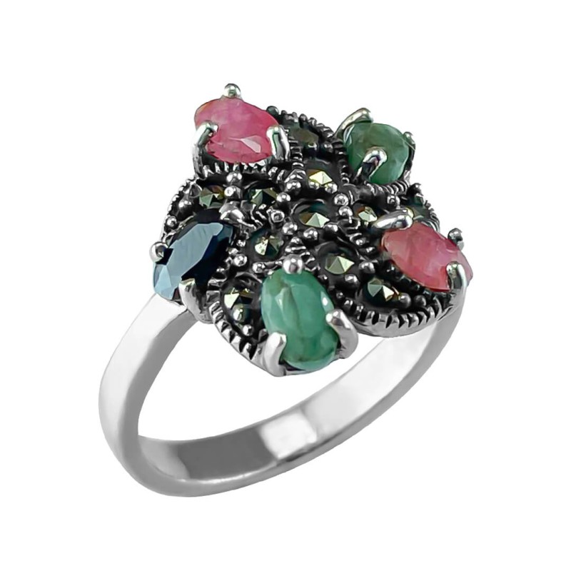 انگشتر جواهری زنانه با سنگ های یاقوت سرخ و کبود و زمرد رکاب نقره