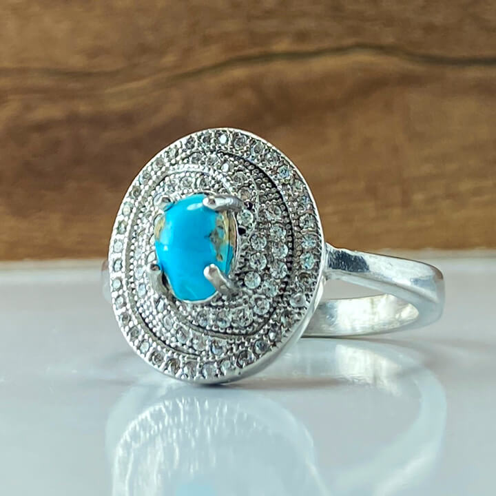 انگشتر جواهری زنانه با سنگ فیروزه نیشابور رکاب نقره