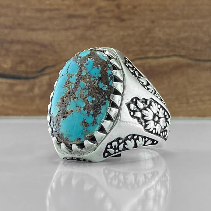 انگشتر مردانه با سنگ فیروزه نیشابور رکاب نقره