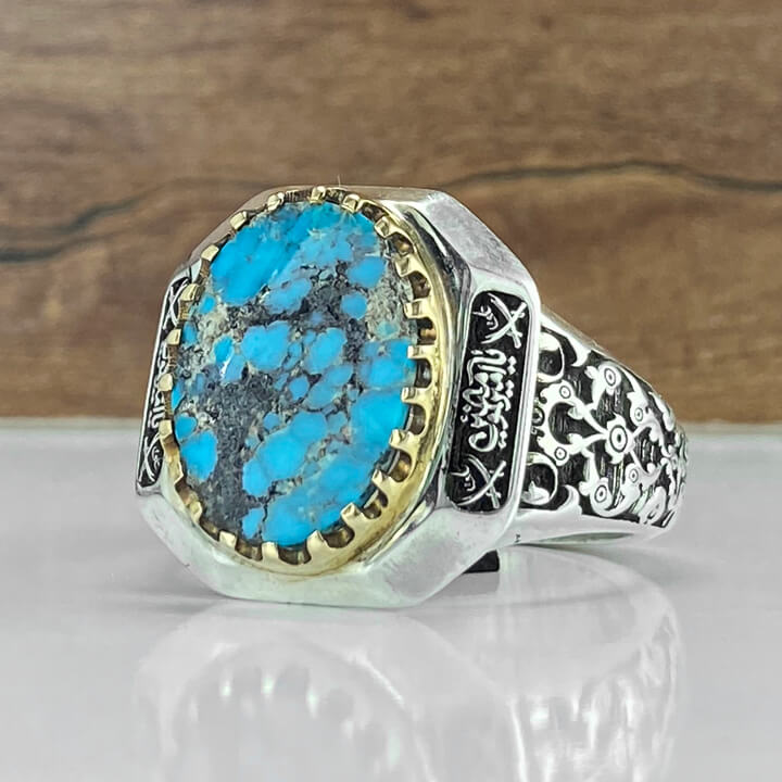 انگشتر مردانه با سنگ فیروزه نیشابور رکاب نقره