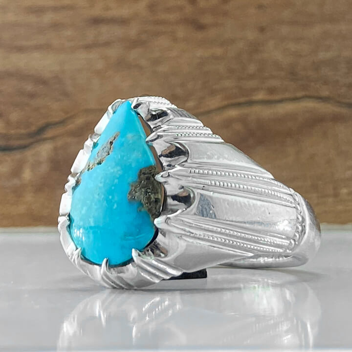 انگشتر مردانه با سنگ فیروزه نیشابور رکاب نقره