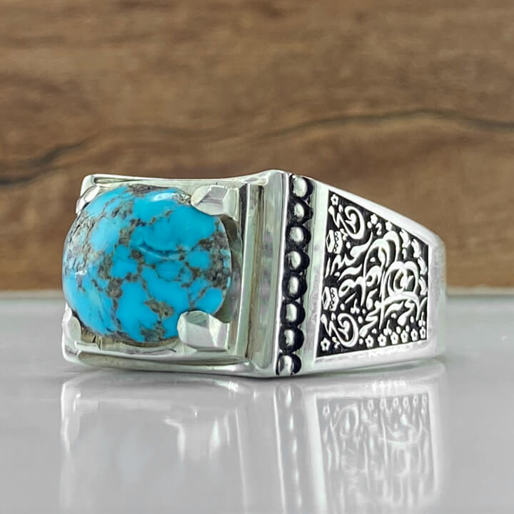 انگشتر مردانه با سنگ فیروزه نیشابور رکاب نقره