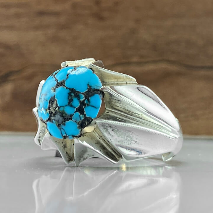 انگشتر مردانه با سنگ فیروزه نیشابور رکاب نقره