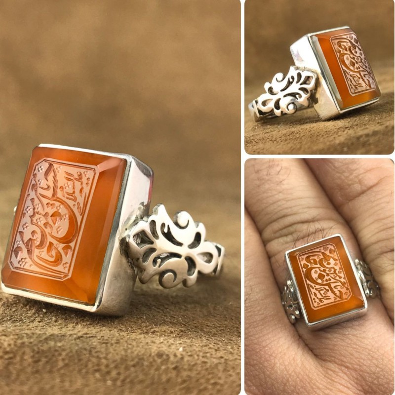 انگشتر عقیق یمنی با حکاکی حسن جانم همراه گنجینه پنج حرز شریف