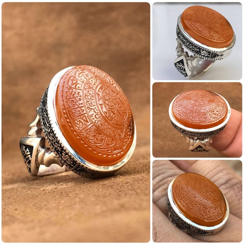 انگشتر فاخر نگین عقیق پرتقالی یمنی با حکاکی همراه گنجینه پنج حرز شریف