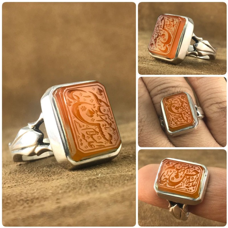 انگشتر عقیق یمنی با حکاکی حسن جانم همراه گنجینه پنج حرز شریف