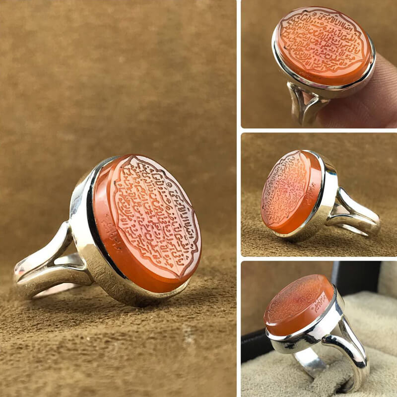 انگشتر عقیق یمنی با حکاکی آیت الکرسی رکاب نقره همراه گنجینه پنج حرز شریف