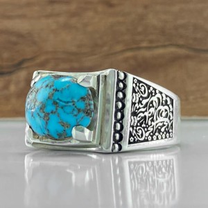 انگشتر مردانه با سنگ فیروزه نیشابور رکاب نقره