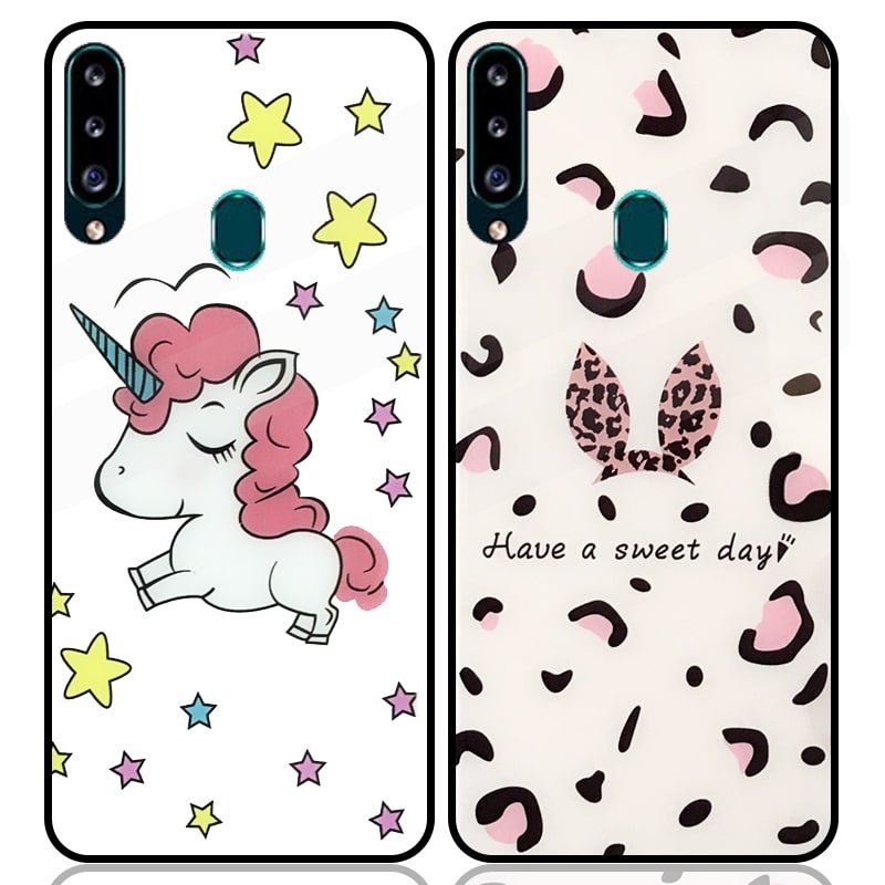 قاب پشت گلس فانتزی مناسب برای گوشی Samsung Galaxy A20S مدل عروسکی دخترانه و لاکچری زنانه طرح یونیکورن و پلنگی کالباسی Unicorn And Sweet Glass Case