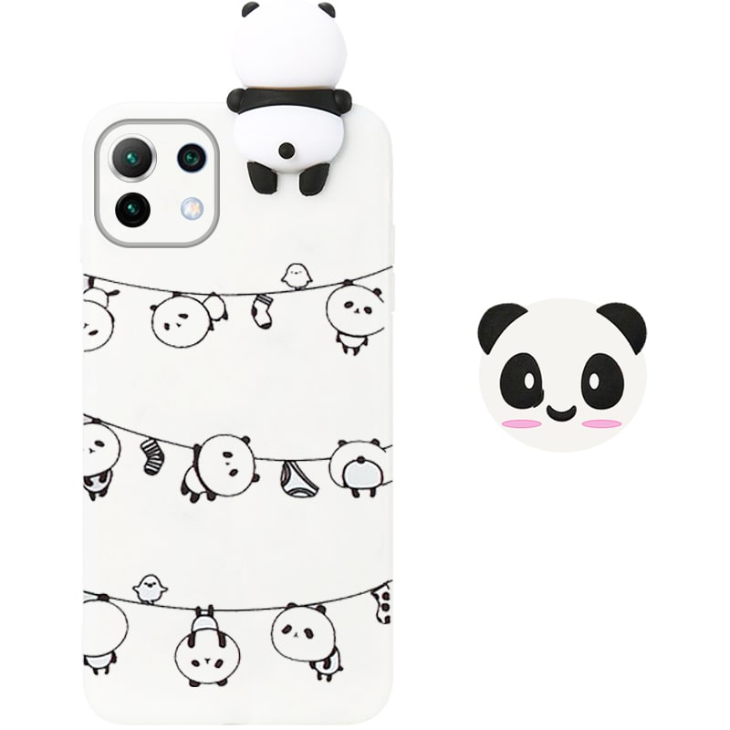 قاب فانتزی عروسکی پاندا رختی Panda Case مناسب برای گوشی Xiaomi MI 11 LITE مدل نیمه شفاف سه بعدی همراه با پاپ سوکت سیلیکونی ست (محافظ لنزدار)