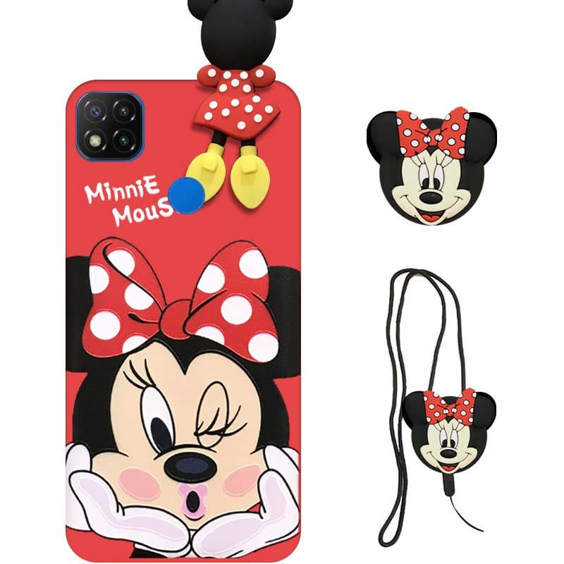 قاب عروسکی دخترانه مدل میکی موس مناسب برای گوشی Xiaomi Redmi 9C به همراه ست پاپ سوکت و پام پام سیلیکونی ست Disney Mickey Mouse Cute Case