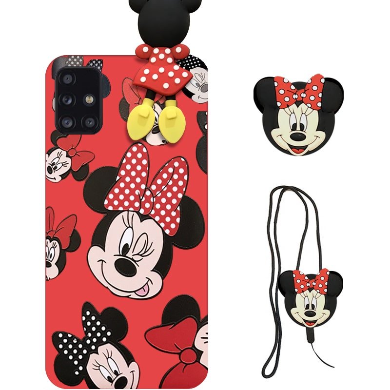 کاور دخترانه فانتزی طرح مینی موس مناسب برای گوشی Samsung Galaxy A51 همراه با ست پام پام و پاپ سوکت عروسکی سیلیکونی Disney Mickey Mouse Cute Case