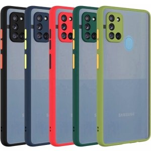 کاور و قاب گوشی مناسب برای Samsung Galaxy A21S هیبریدی دکمه رنگی مدل پشت مات محافظ لنزدار