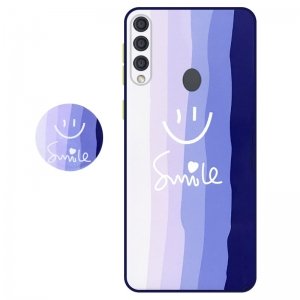 کاور سه بعدی رینبو تم آبی Rainbow Blue Theme مناسب برای گوشی Samsung Galaxy A20S مدل دکمه رنگی محافظ لنزدار به همراه پاپ سوکت طرح رنگین کمانی زنانه و مردانه