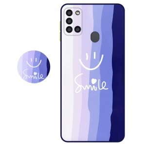 کاور سه بعدی رینبو تم آبی Rainbow Blue Theme مناسب برای گوشی Samsung Galaxy A21S مدل دکمه رنگی محافظ لنزدار به همراه پاپ سوکت طرح رنگین کمانی زنانه و مردانه