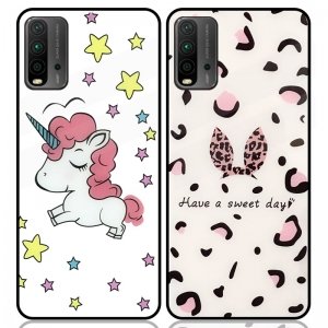 قاب پشت گلس فانتزی مناسب برای گوشی Xiaomi Redmi 9T مدل عروسکی دخترانه و لاکچری زنانه طرح یونیکورن و پلنگی کالباسی Unicorn And Sweet Glass Case