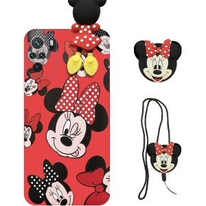کاور دخترانه فانتزی طرح مینی موس مناسب برای گوشی Xiaomi Redmi Note 10 همراه با ست پام پام و پاپ سوکت عروسکی سیلیکونی (محافظ لنزدار) Disney Mickey Mouse Cute Case