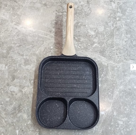 ماهیتابه 3 خانه گرد دسته دار طرح چوبی گرانیتی