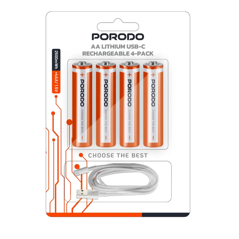 باطری قلمی قابل شارژر پورودو Porodo AA Lithium USB-C Rechargeable 4-Pack